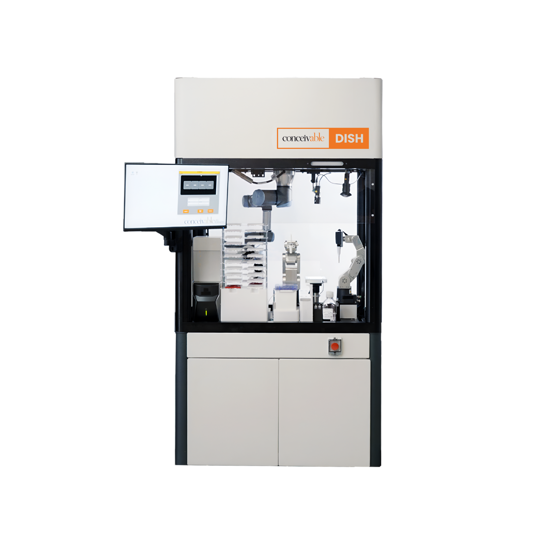 Laboratory robotic machine labeled 'conceivable DISH' with a touchscreen control panel on the left side.