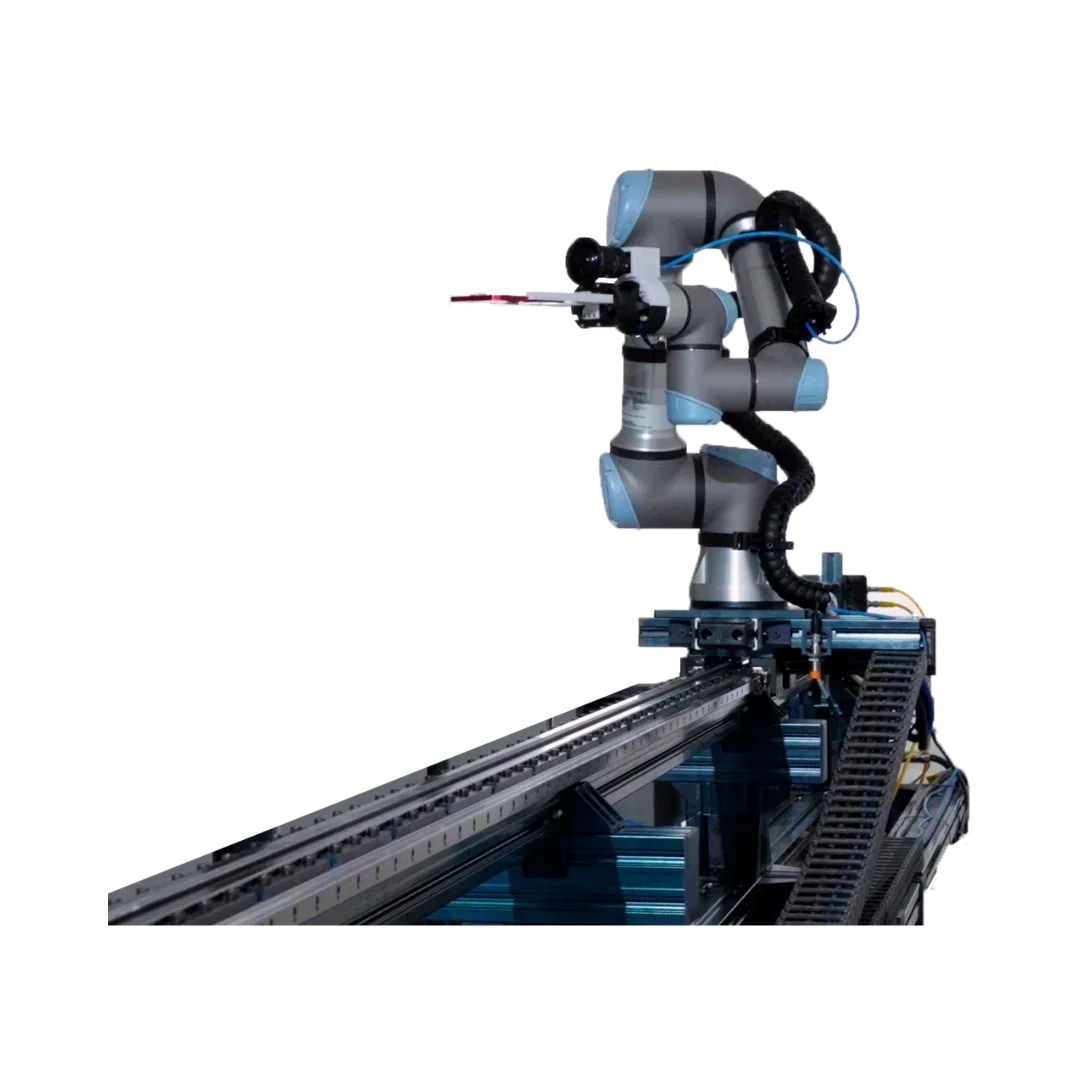 Industrial robotic arm with a gripper on an automated manufacturing or assembly line.