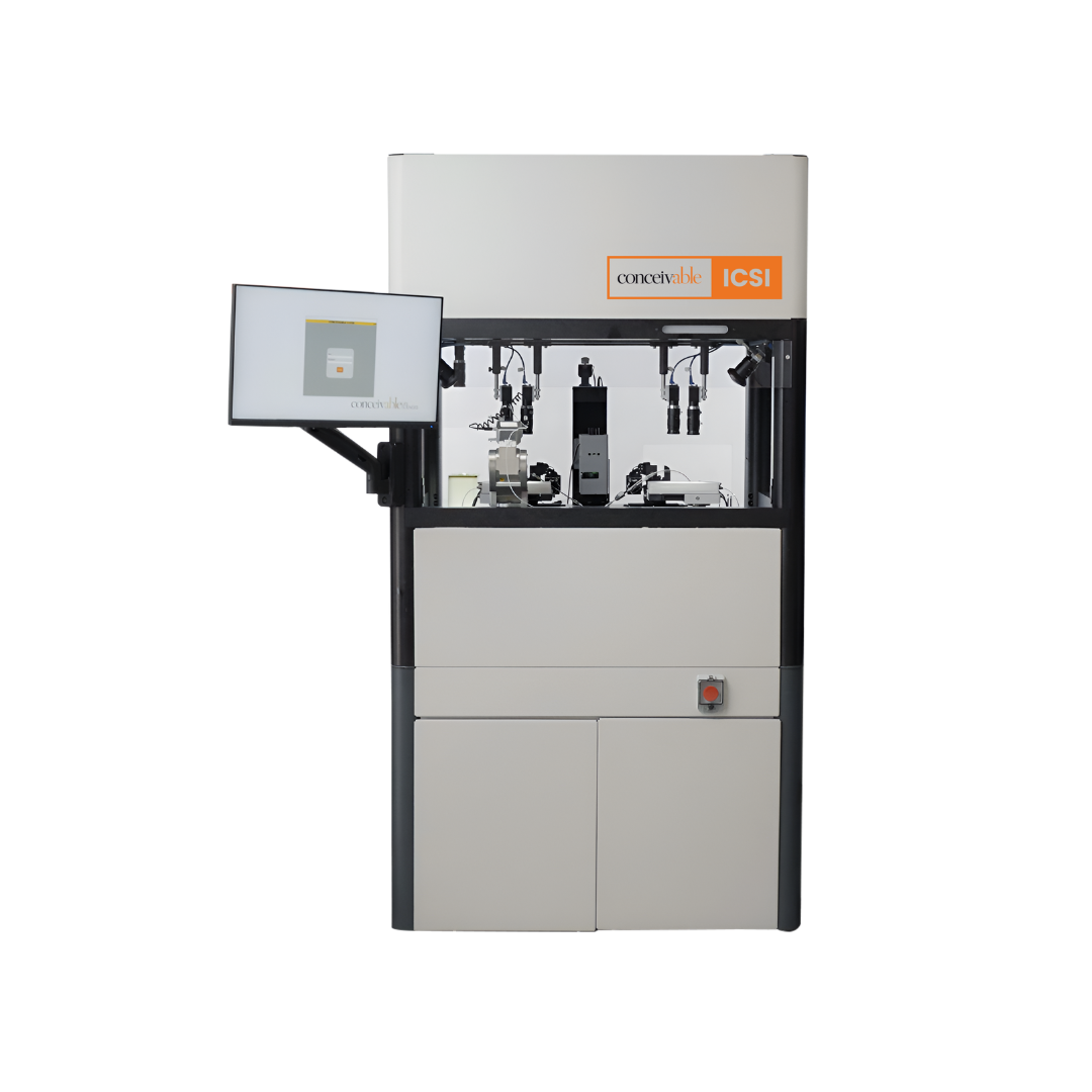 Laboratory microscope equipment, labeled 'conceivable ICSI' with attached monitor.