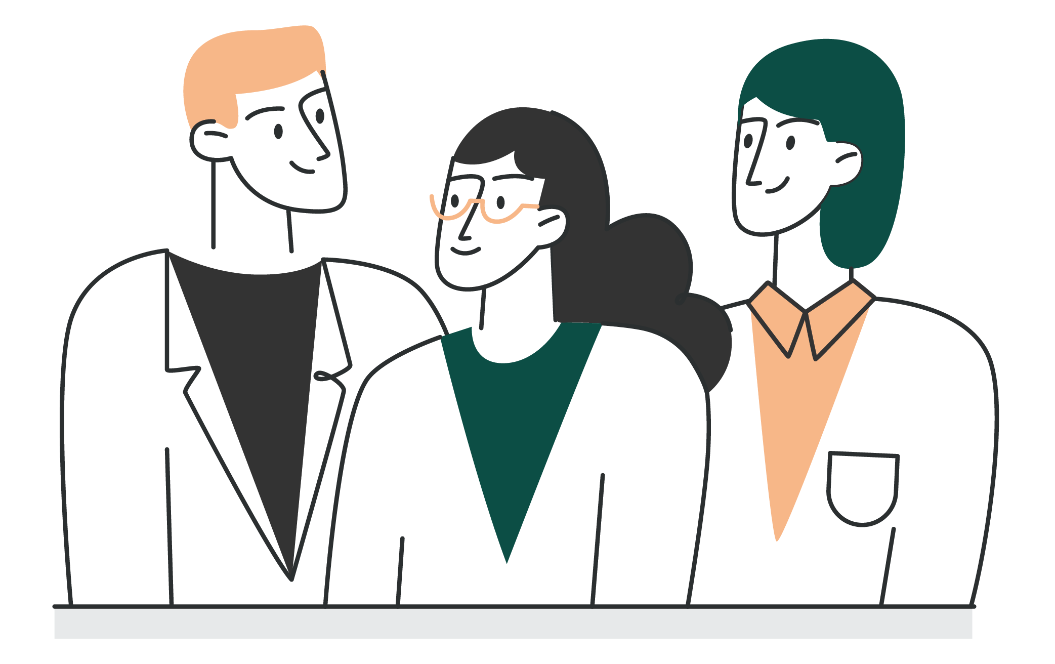 Illustration of three diverse people standing together, smiling, dressed in business casual attire.